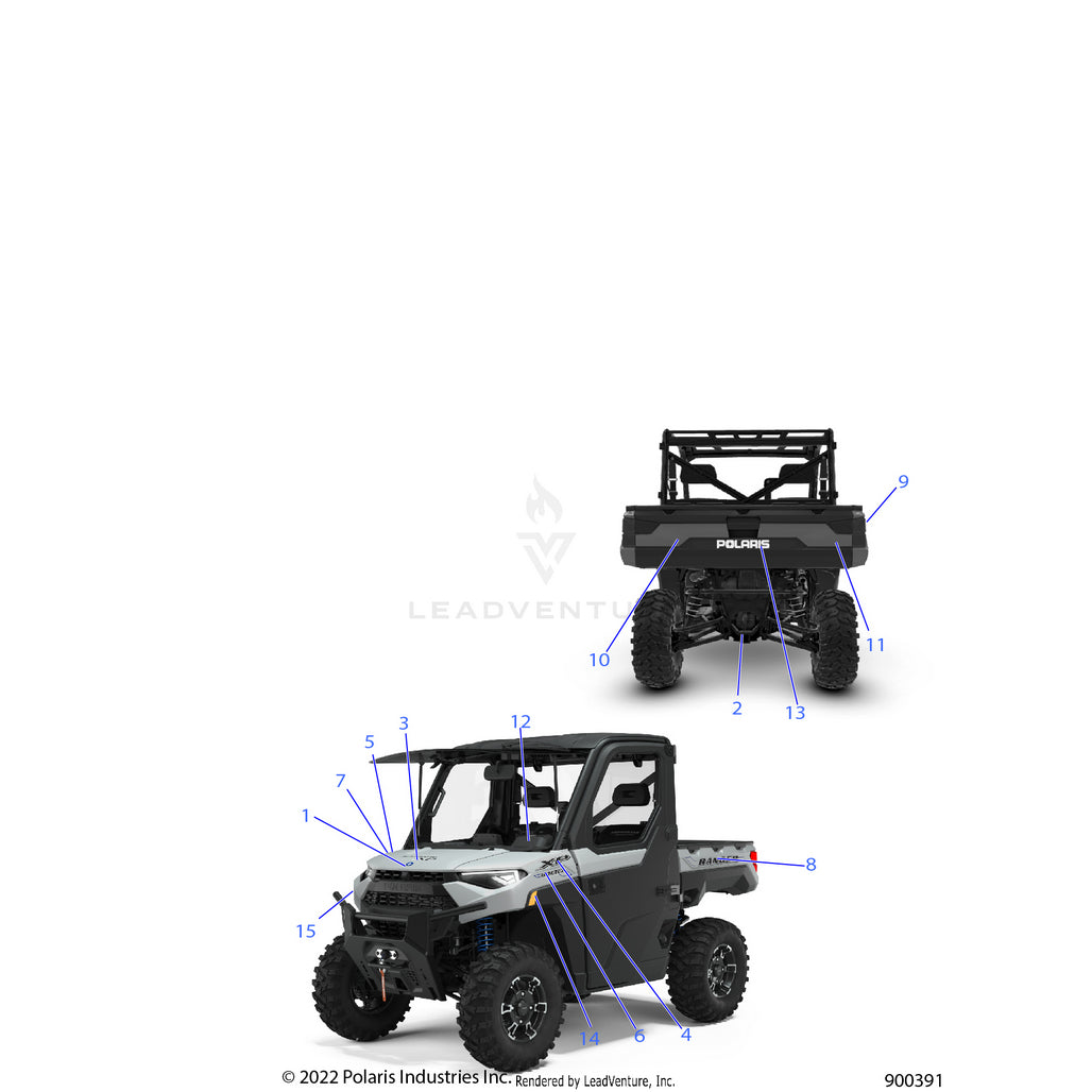 An Image of a Genuine Polaris Parts Schematic Diagram showing the schematic - BODY: DECALS GRAPHIC - 2022 POLARIS RANGER XP 1000 NORTHSTAR ULTIMATE EVAP