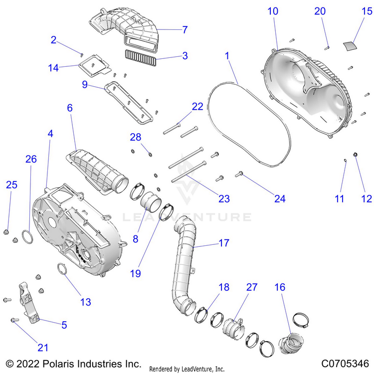 An Image of a Genuine Polaris Parts Schematic Diagram showing the schematic - DRIVE TRAIN: CLUTCH COVER & DUCTING - 2022 POLARIS RANGER CREW XP 1000 TRAIL BOSS EVAP