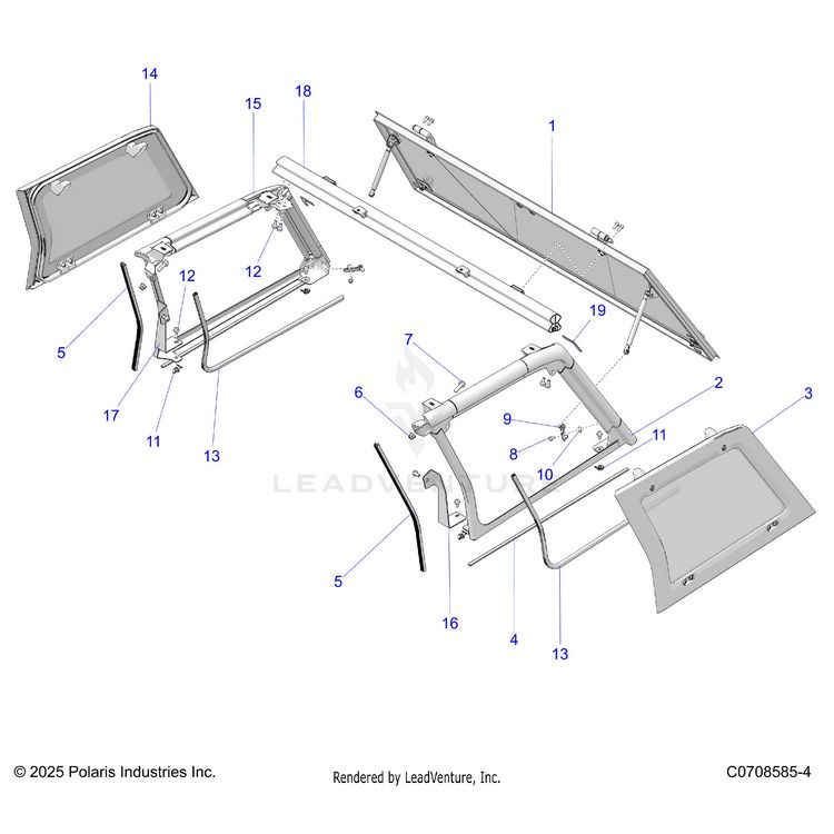 An Image of a Genuine Polaris Parts Schematic Diagram showing the schematic - BODY: REAR WINDOW AND REAR CAB MOUNTING - 2025 POLARIS XPEDITION ADV 5 NORTHSTAR