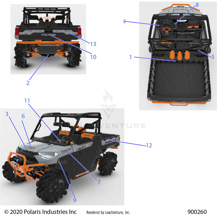 An Image of a Genuine Polaris Parts Schematic Diagram showing the schematic - BODY: DECALS - 2021 POLARIS RANGER XP 1000 WATERFOWL EVAP