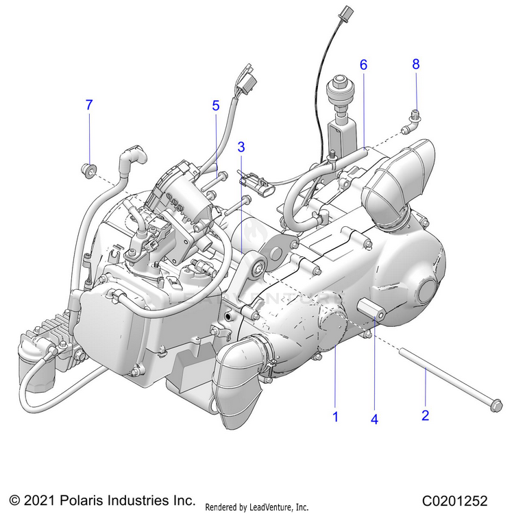 An Image of a Genuine Polaris Parts Schematic Diagram showing the schematic - ENGINE: ENGINE & TRANSMISSION MOUNTING - 2025 POLARIS RANGER 150 EFI