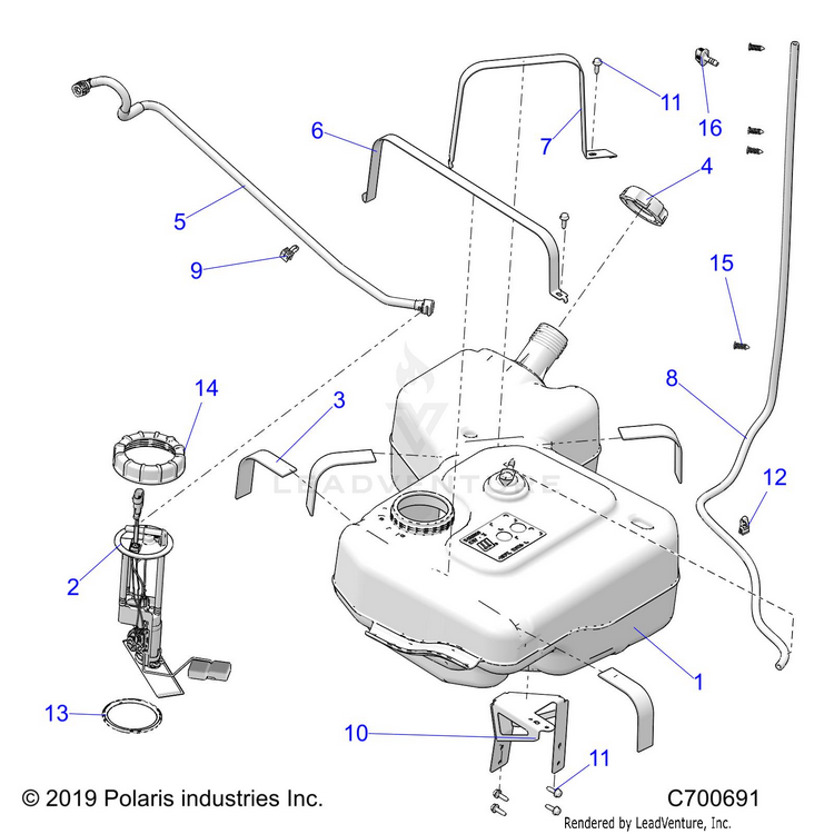 An Image of a Genuine Polaris Parts Schematic Diagram showing the schematic - BODY: FUEL TANK - 2020 POLARIS RANGER CREW XP 1000 FACTORY CHOICE