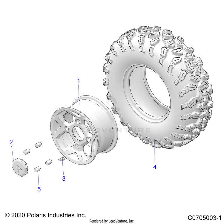 An Image of a Genuine Polaris Parts Schematic Diagram showing the schematic - WHEELS: FRONT - 2021 POLARIS GENERAL 1000 SPORT EPS