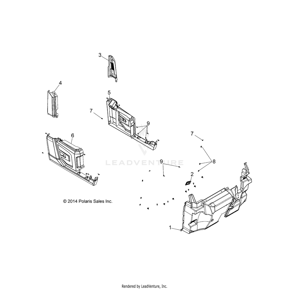 An Image of a Genuine Polaris Parts Schematic Diagram showing the schematic - BODY: FRONT FLOOR & FENDER - 2016 POLARIS RANGER HST