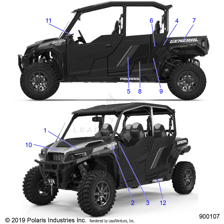 An Image of a Genuine Polaris Parts Schematic Diagram showing the schematic - BODY: DECALS (2) - 2020 POLARIS GENERAL XP 4 1000 RIDE COMMAND