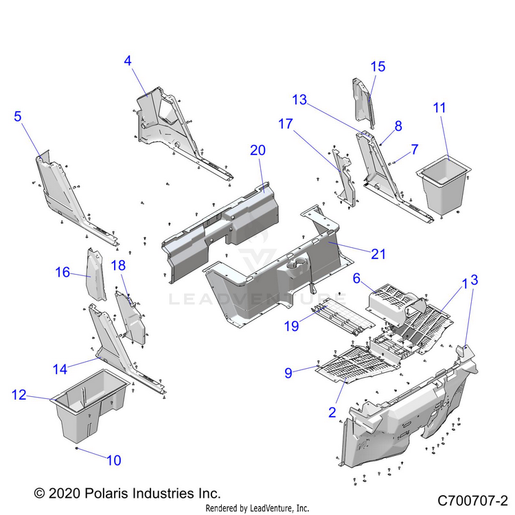 An Image of a Genuine Polaris Parts Schematic Diagram showing the schematic - BODY: FLOOR & ROCKER - 2021 POLARIS RANGER CREW 1000 EPS