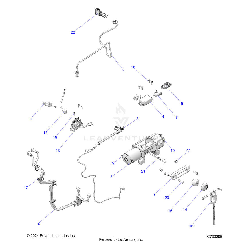 An Image of a Genuine Polaris Parts Schematic Diagram showing the schematic - BODY: WINCH - 2025 POLARIS RANGER 1000 XP CREW WATERFOWL