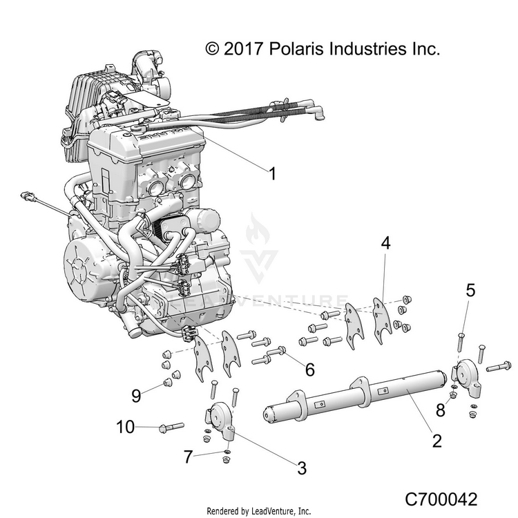 An Image of a Genuine Polaris Parts Schematic Diagram showing the schematic - ENGINE: MOUNTING & LONG BLOCK - 2019 POLARIS RANGER CREW XP 1000 NORTHSTAR