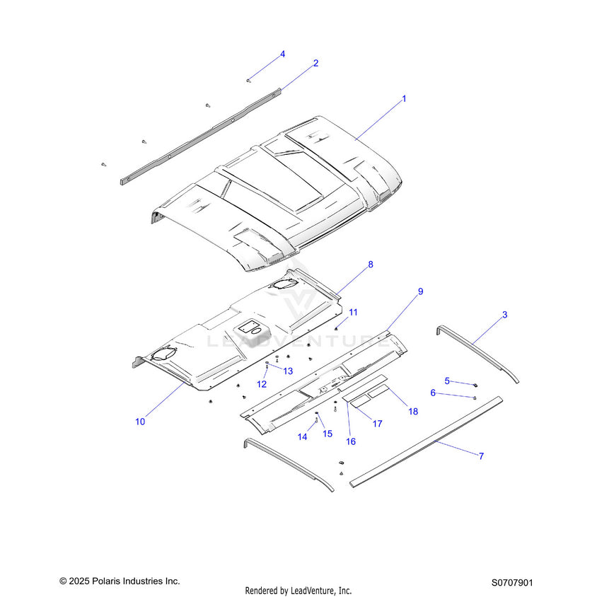An Image of a Genuine Polaris Parts Schematic Diagram showing the schematic - BODY: ROOF & LINER - 2026 POLARIS RANGER 1000 EPS