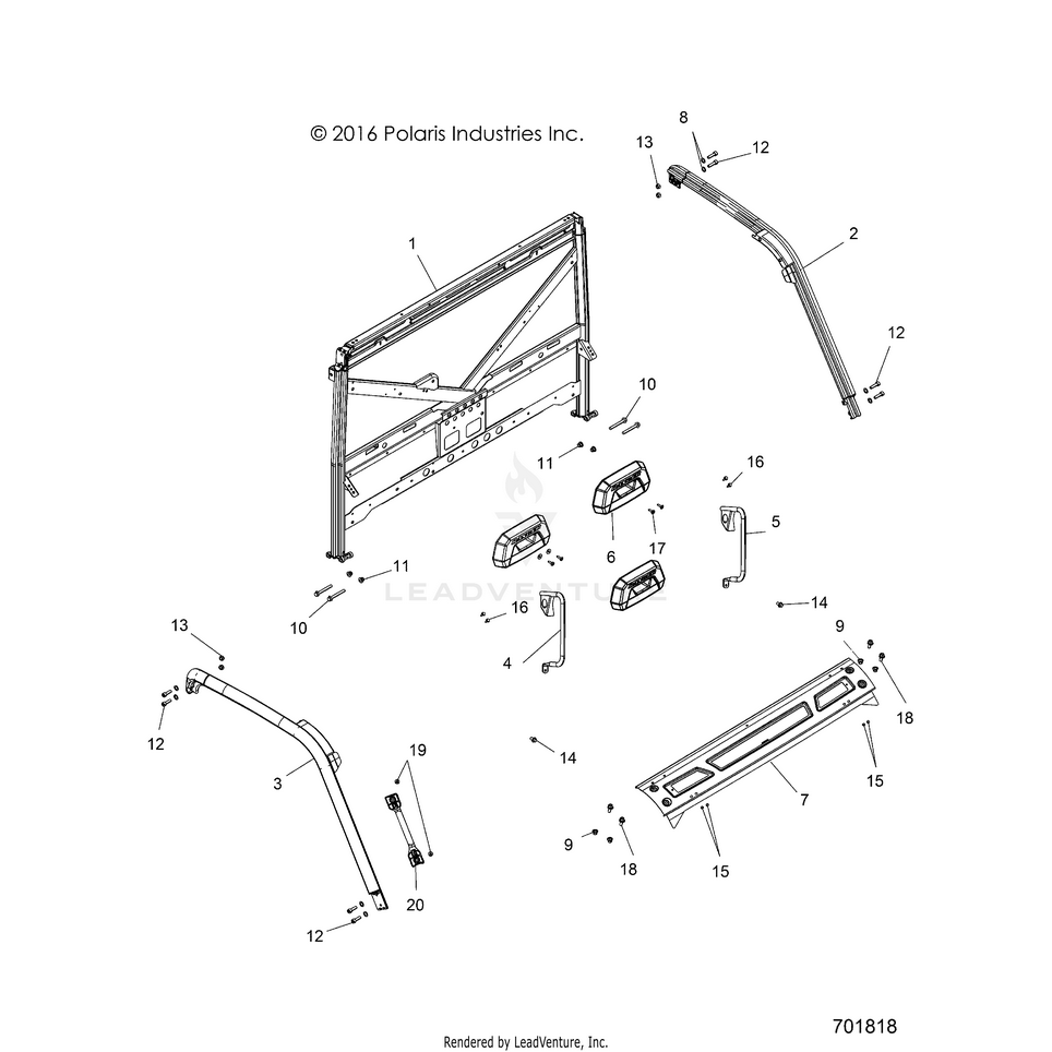 An Image of a Genuine Polaris Parts Schematic Diagram showing the schematic - CHASSIS: CAB FRAME - 2018 POLARIS RANGER 1000 DIESEL