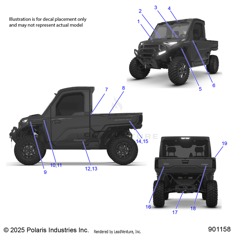 An Image of a Genuine Polaris Parts Schematic Diagram showing the schematic - BODY: DECALS - 2026 POLARIS RANGER XD 1500 NORTHSTAR MOUNTAINEER EDITION
