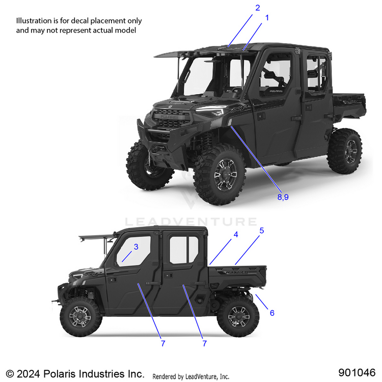 An Image of a Genuine Polaris Parts Schematic Diagram showing the schematic - BODY: DECALS GENERAL - 2025 POLARIS RANGER 1000 XP CREW NORTHSTAR TEXAS EDITION
