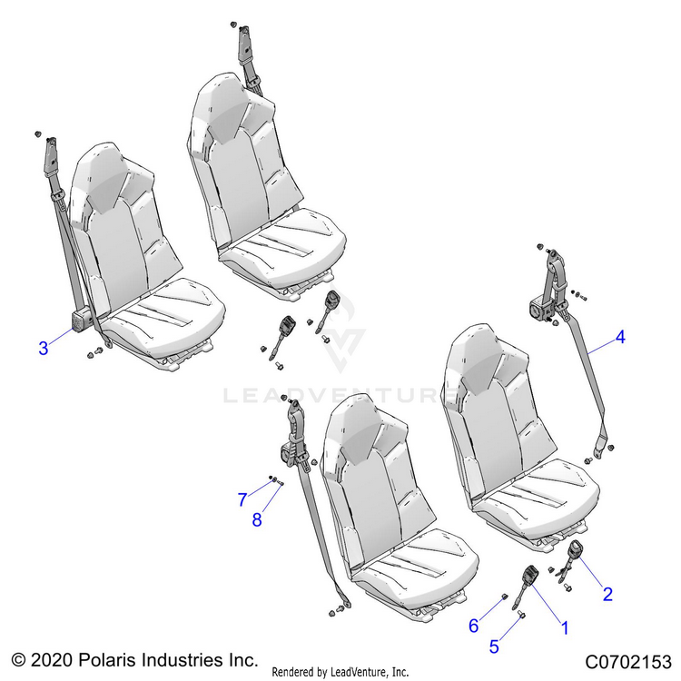 An Image of a Genuine Polaris Parts Schematic Diagram showing the schematic - BODY: SEAT BELT MOUNTING - 2021 POLARIS GENERAL 4 1000 PREMIUM EPS