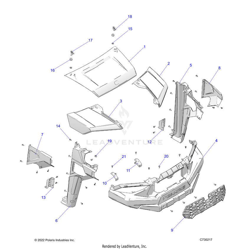An Image of a Genuine Polaris Parts Schematic Diagram showing the schematic - BODY: HOOD & FRONT FENDERS - 2022 POLARIS RANGER 570