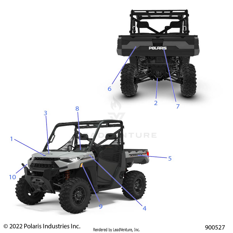 An Image of a Genuine Polaris Parts Schematic Diagram showing the schematic - BODY: DECALS GRAPHICS - 2024 POLARIS RANGER 1000 XP