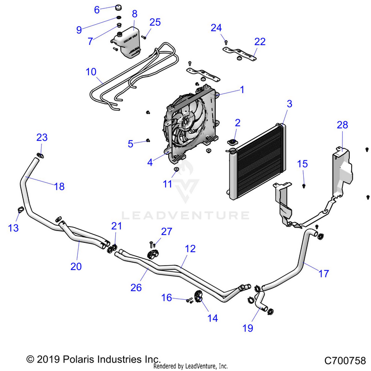 An Image of a Genuine Polaris Parts Schematic Diagram showing the schematic - ENGINE: COOLING SYSTEM - 2020 POLARIS RANGER 1000 FULL SIZE