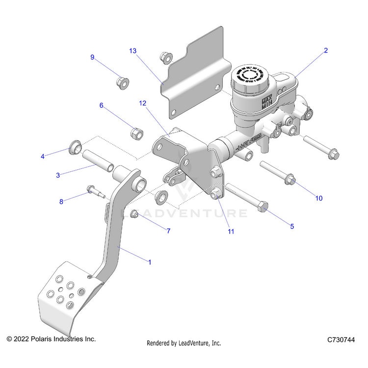 An Image of a Genuine Polaris Parts Schematic Diagram showing the schematic - BRAKES: PEDAL & MASTER CYLINDER - 2023 POLARIS RANGER 570 FULL SIZE