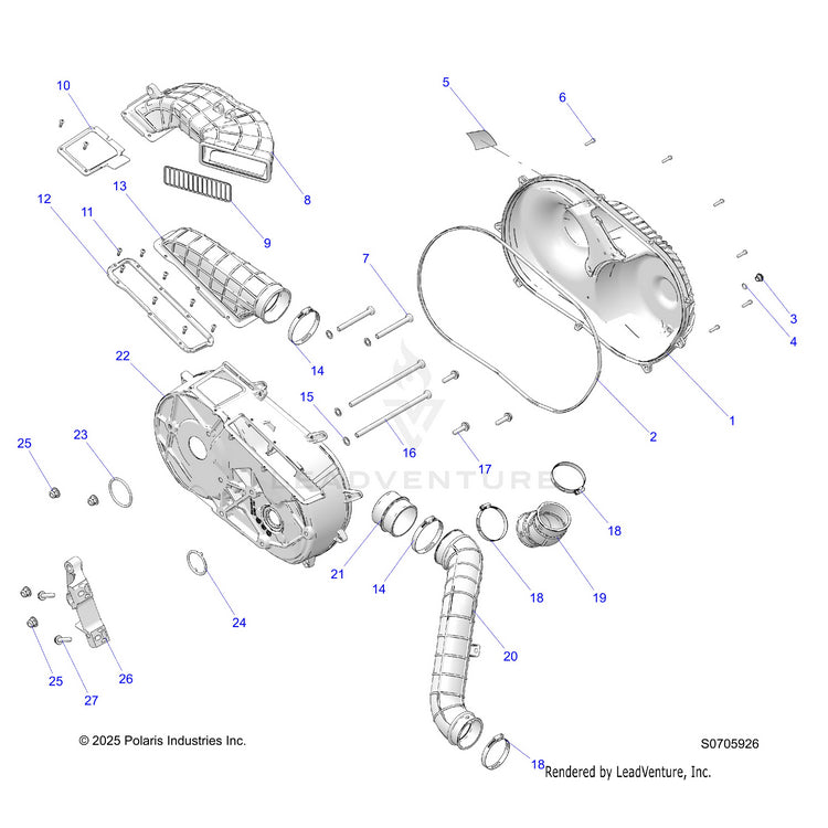 An Image of a Genuine Polaris Parts Schematic Diagram showing the schematic - DRIVE TRAIN: CLUTCH COVER & DUCTING - 2026 POLARIS RANGER 1000 XP PREMIUM