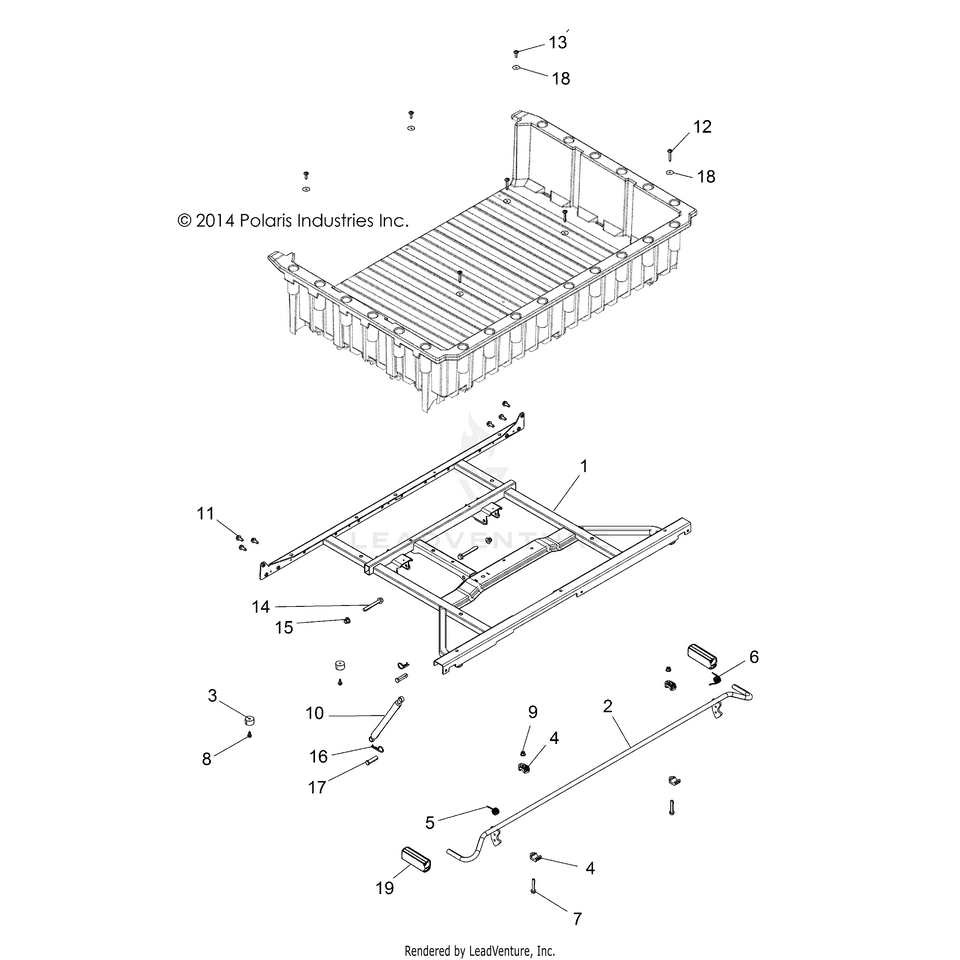 An Image of a Genuine Polaris Parts Schematic Diagram showing the schematic - BODY: BOX MOUNTING & LATCH - 2016 POLARIS RANGER 900 XP