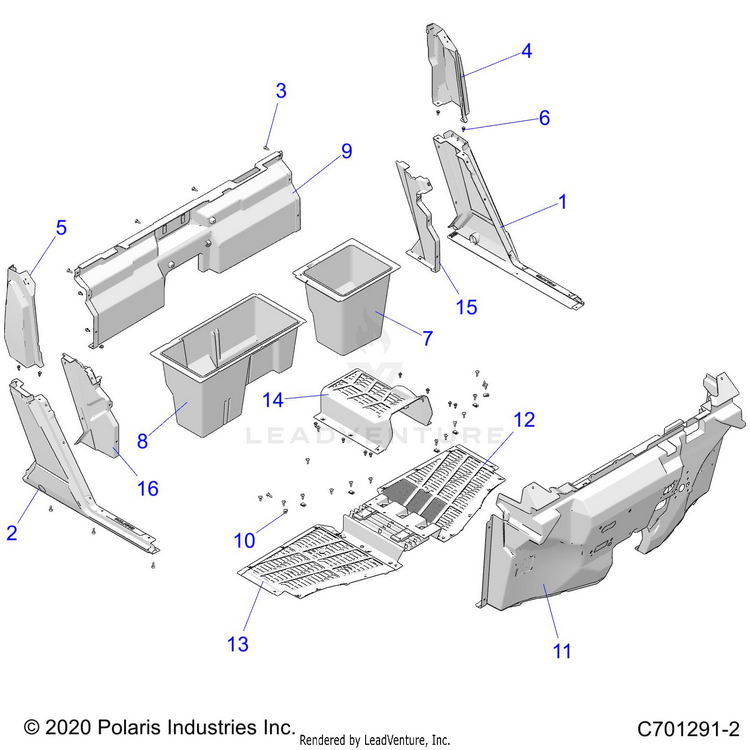 An Image of a Genuine Polaris Parts Schematic Diagram showing the schematic - BODY: FRONT FLOOR & ROCKERS - 2025 POLARIS RANGER 1000 CREW