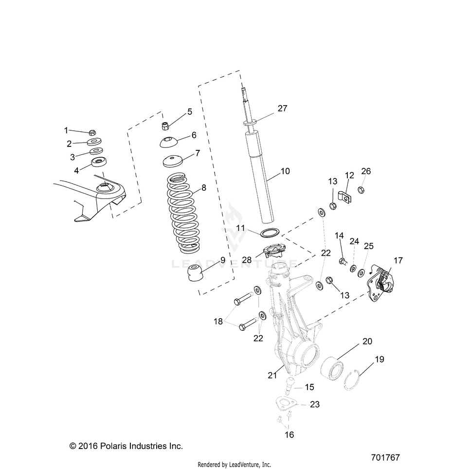 An Image of a Genuine Polaris Parts Schematic Diagram showing the schematic - SUSPENSION: FRONT STRUT - 2018 POLARIS RANGER EV LIION