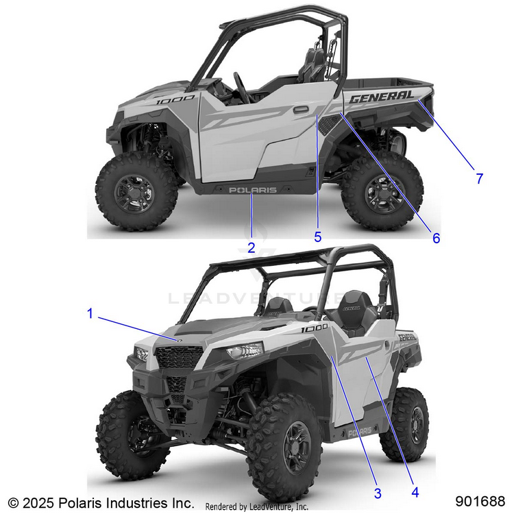 An Image of a Genuine Polaris Parts Schematic Diagram showing the schematic - BODY: DECALS - 2026 POLARIS GENERAL 1000 SPORT