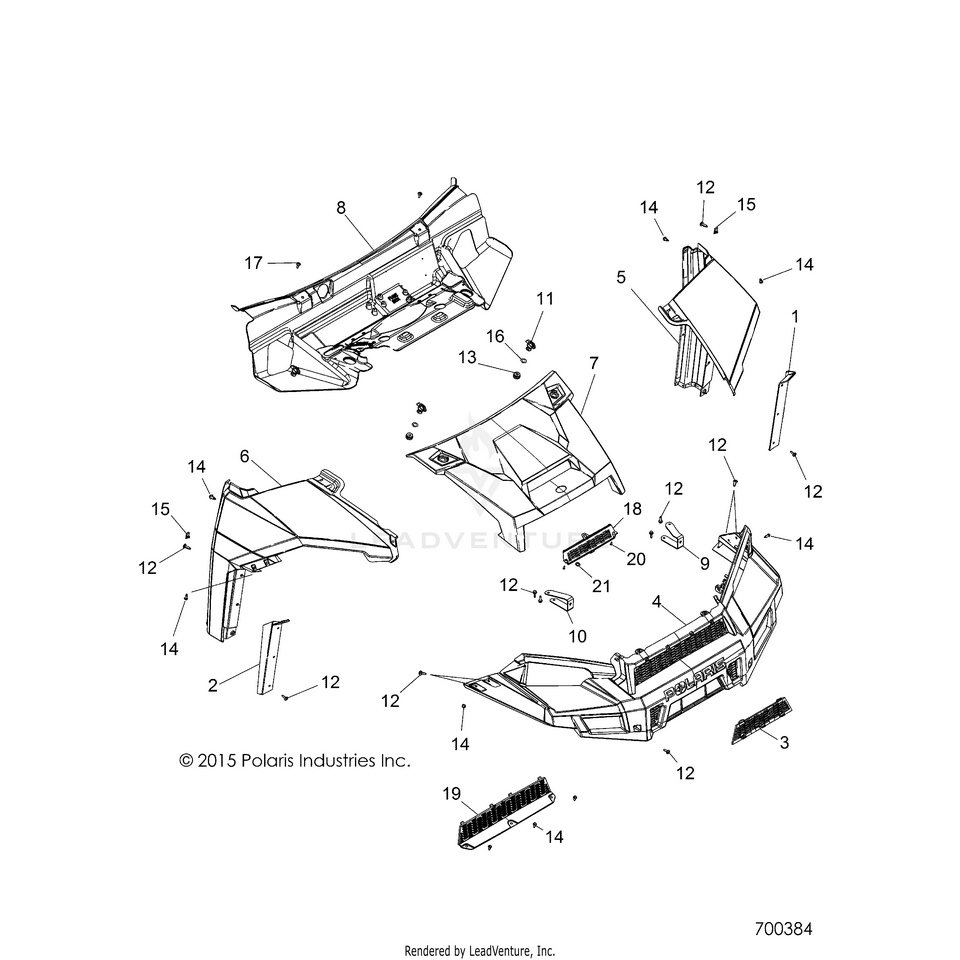 An Image of a Genuine Polaris Parts Schematic Diagram showing the schematic - BODY: HOOD & FRONT FACSIA - 2016 POLARIS RANGER 900 XP