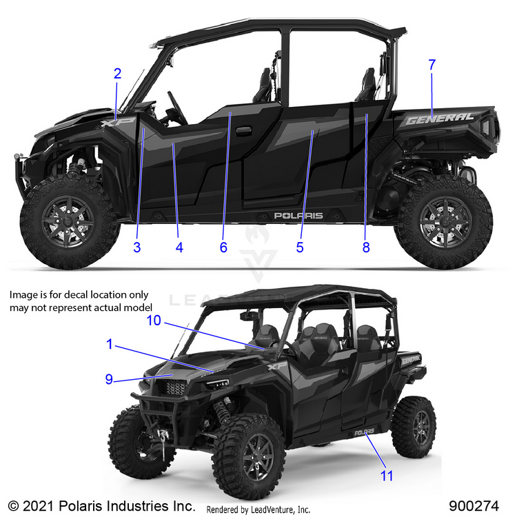 An Image of a Genuine Polaris Parts Schematic Diagram showing the schematic - BODY: DECALS - 2022 POLARIS GENERAL XP 4 1000 DELUXE RIDE COMMAND
