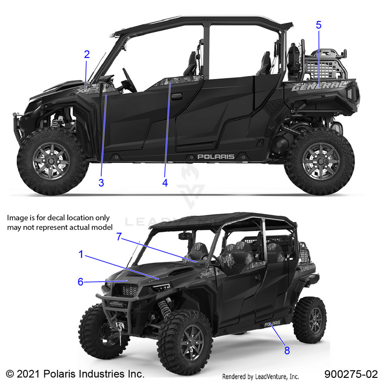 An Image of a Genuine Polaris Parts Schematic Diagram showing the schematic - BODY: DECALS - 2022 POLARIS GENERAL XP 4 1000 HUNTER
