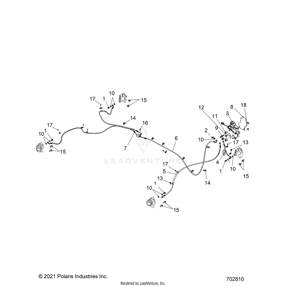 An Image of a Genuine Polaris Parts Schematic Diagram showing the schematic - BRAKES: BRAKE LINES & MASTER CYLINDER - 2023 POLARIS RANGER 570 / PREMIUM