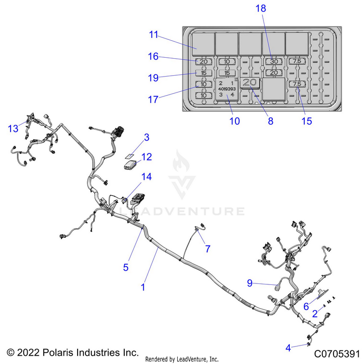 An Image of a Genuine Polaris Parts Schematic Diagram showing the schematic - ELECTRICAL: WIRE HARNESSES CHASSIS - 2022 POLARIS RANGER CREW XP 1000 PREMIUM