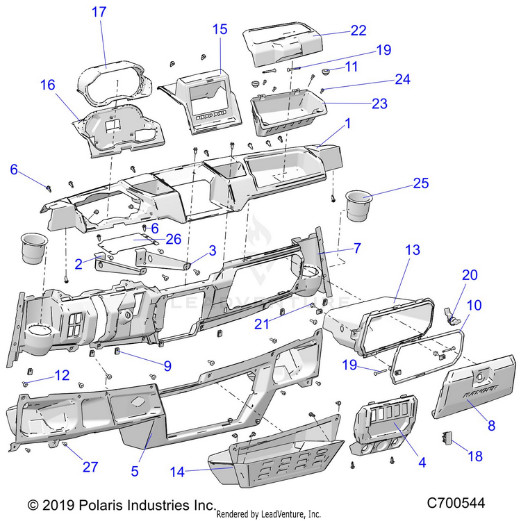 An Image of a Genuine Polaris Parts Schematic Diagram showing the schematic - BODY: DASH RC - 2019 POLARIS RANGER 1000 FACTORY CHOICE
