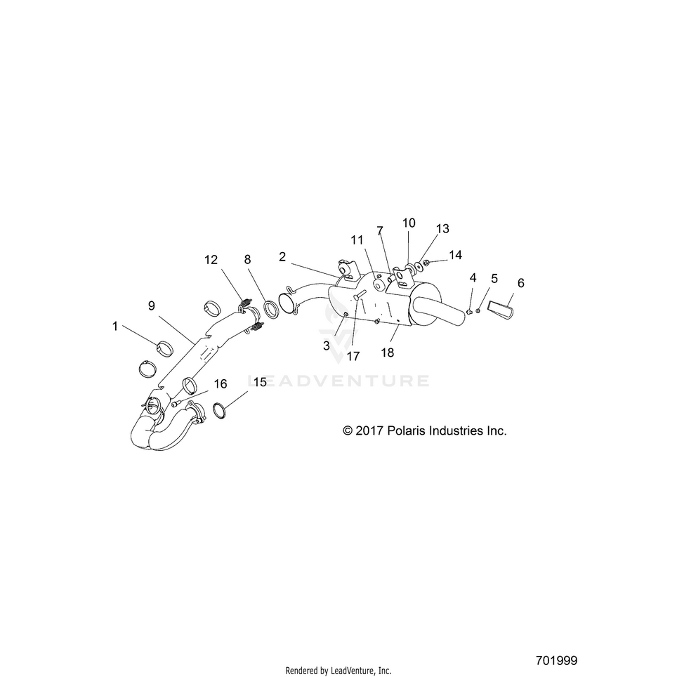 An Image of a Genuine Polaris Parts Schematic Diagram showing the schematic - ENGINE: EXHAUST SYSTEM - 2019 POLARIS RANGER 500