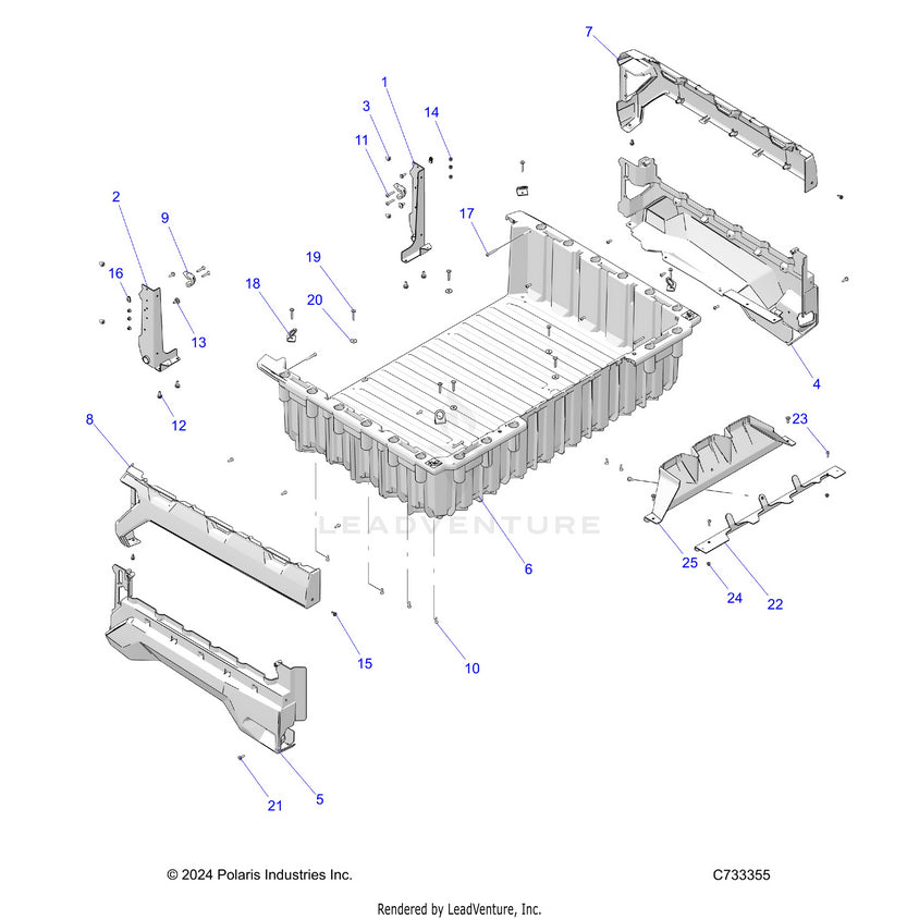 An Image of a Genuine Polaris Parts Schematic Diagram showing the schematic - BODY: BOX - 2025 POLARIS RANGER 1000 XP CREW WATERFOWL
