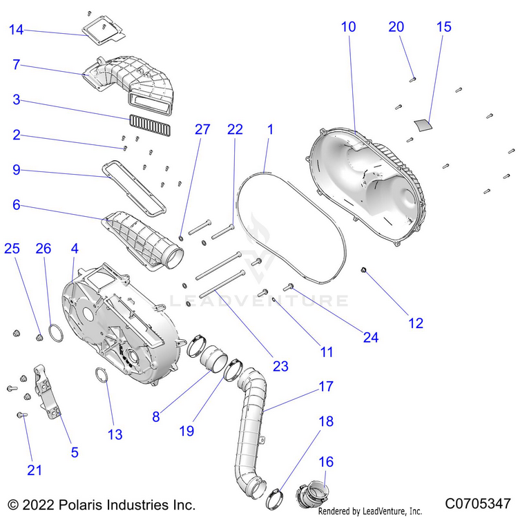 An Image of a Genuine Polaris Parts Schematic Diagram showing the schematic - DRIVE TRAIN: CLUTCH COVER & DUCTING - 2024 POLARIS RANGER 1000 XP NORTHSTAR ULTIMATE