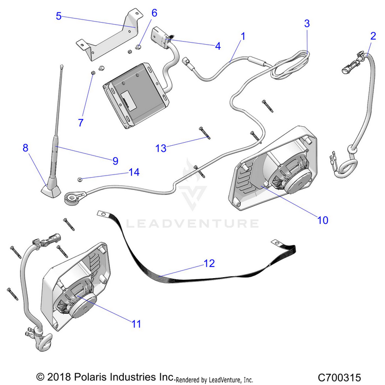 An Image of a Genuine Polaris Parts Schematic Diagram showing the schematic - ELECTRICAL: AUDIO - 2019 POLARIS RANGER CREW XP 1000 RIDE COMMAND