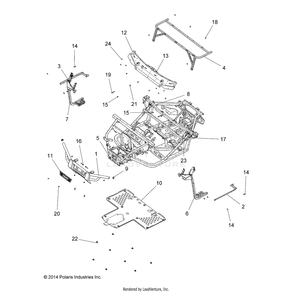 An Image of a Genuine Polaris Parts Schematic Diagram showing the schematic - CHASSIS: FRAME & FRONT BUMPER - 2015 POLARIS RANGER 1000 DIESEL