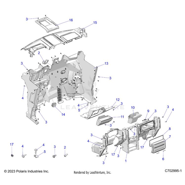 An Image of a Genuine Polaris Parts Schematic Diagram showing the schematic - BODY: DASH AND FRONT CLOSEOFF - 2025 POLARIS XPEDITION ADV 5 NORTHSTAR