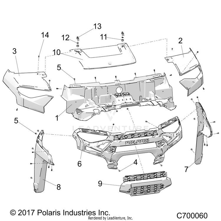 An Image of a Genuine Polaris Parts Schematic Diagram showing the schematic - BODY: HOOD & FRONT FACIA - 2021 POLARIS RANGER XP 1000 HIGH LIFTER