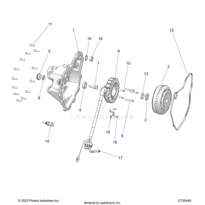 An Image of a Genuine Polaris Parts Schematic Diagram showing the schematic - ENGINE: STATOR COVER & FLYWHEEL - 2024 POLARIS RANGER 570 PREMIUM