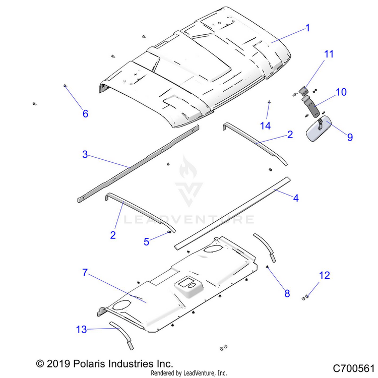 An Image of a Genuine Polaris Parts Schematic Diagram showing the schematic - BODY: ROOF (PREP AUDIO) - 2019 POLARIS RANGER XP 1000 NORTHSTAR FACTORY CHOICE