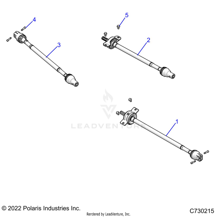 An Image of a Genuine Polaris Parts Schematic Diagram showing the schematic - DRIVE TRAIN: FRONT MID REAR PROP SHAFT - 2023 POLARIS RANGER CREW XP 1000 TEXAS EDITION