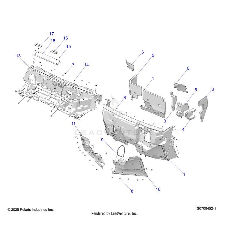 An Image of a Genuine Polaris Parts Schematic Diagram showing the schematic - BODY: HOOD LINER & FRONT CLOSEOFF - 2026 POLARIS RANGER XD 1500 NORTHSTAR