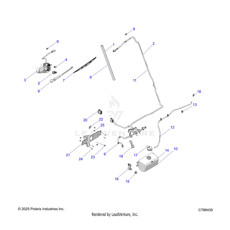An Image of a Genuine Polaris Parts Schematic Diagram showing the schematic - BODY: WINDSHIELD WIPER & WASHER BOTTLE - 2026 POLARIS RANGER 570 NORTHSTAR