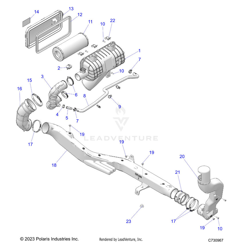 An Image of a Genuine Polaris Parts Schematic Diagram showing the schematic - ENGINE: AIR INTAKE - 2024 POLARIS RANGER XD 1500 PREMIUM