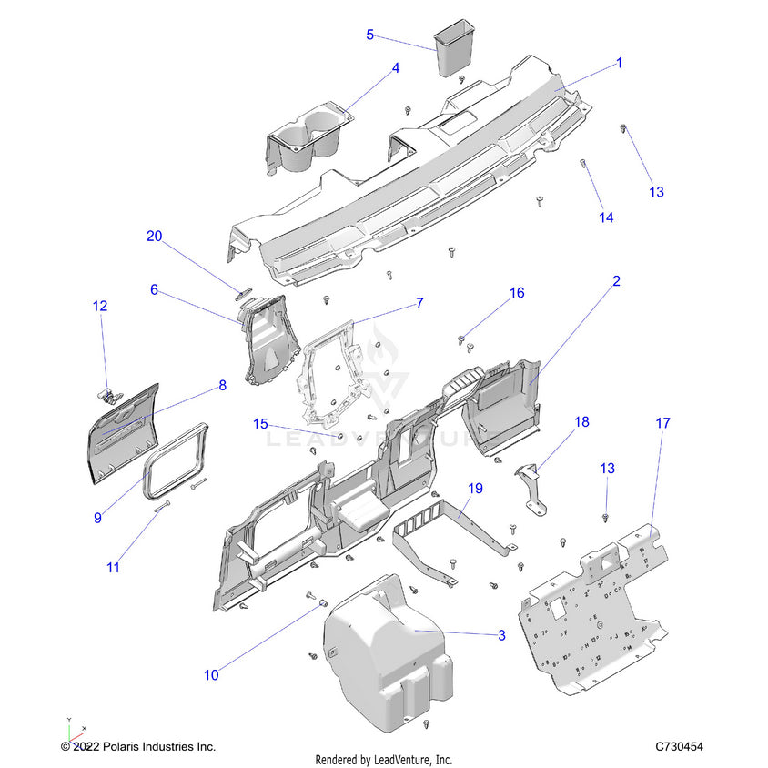 An Image of a Genuine Polaris Parts Schematic Diagram showing the schematic - BODY: DASH - 2023 POLARIS RANGER 570 / PREMIUM