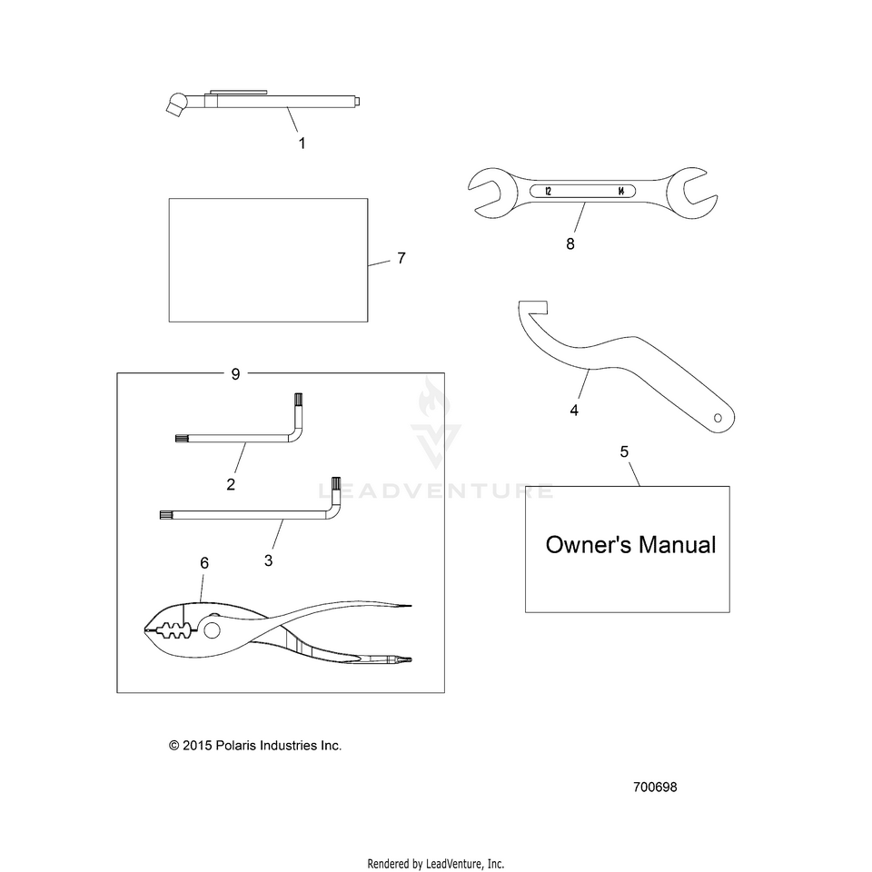 An Image of a Genuine Polaris Parts Schematic Diagram showing the schematic - REFERENCE: TOOL KIT & OWNERS MANUALS - 2017 POLARIS RANGER EV LIION