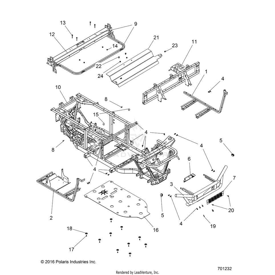 An Image of a Genuine Polaris Parts Schematic Diagram showing the schematic - CHASSIS: FRAME & FRONT BUMPER - 2016 POLARIS RANGER ETX