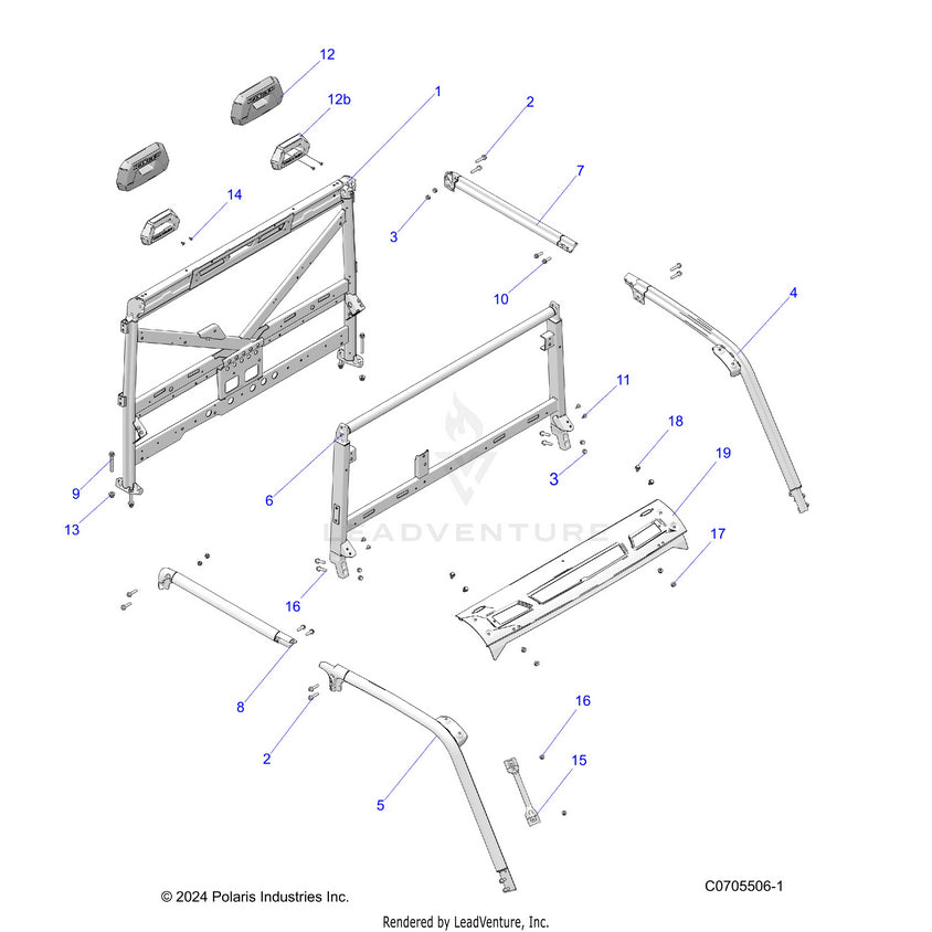 An Image of a Genuine Polaris Parts Schematic Diagram showing the schematic - CHASSIS: CAB FRAME - 2022 POLARIS RANGER CREW XP 1000 NORTHSTAR ULTIMATE TRAIL BOSS EVAP