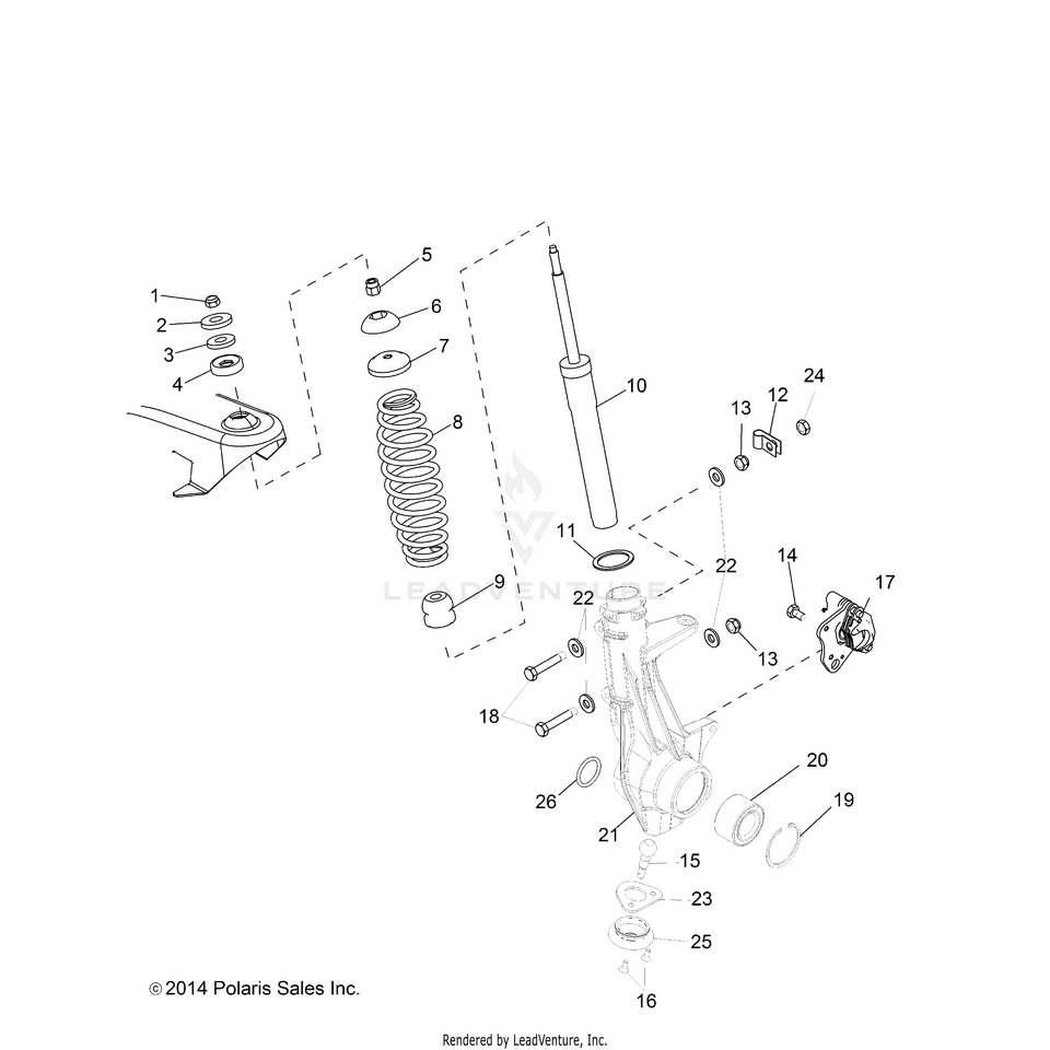 An Image of a Genuine Polaris Parts Schematic Diagram showing the schematic - SUSPENSION: FRONT STRUT - 2015 POLARIS RANGER 570/EPS